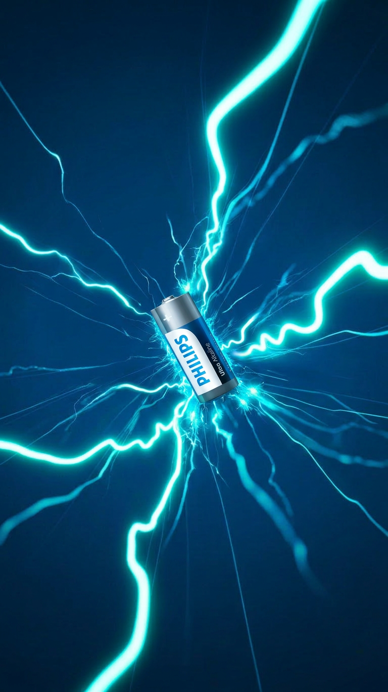 Battery with 'Safilo' branding surrounded by electric blue lightning effects on a dark background